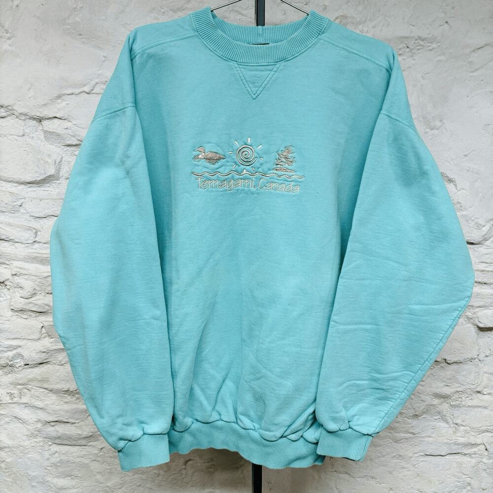 Temagami Canada Embroidered Logo Sweatshirt Pullover Vintage 90s y2k Turquoise